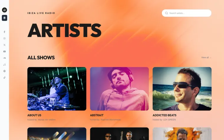 Screenshot of the public Ibiza Live Radio show directory: the heading ARTISTS above a grid of show cards, each with a portrait, the show name and its host.