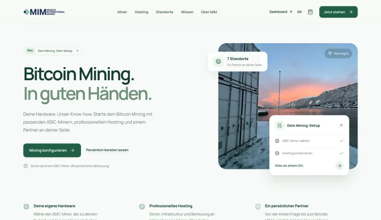 Screenshot of the public mim.farm website: the headline "Bitcoin Mining. In guten Händen." beside a photograph of mining containers on a Norwegian fjord.
